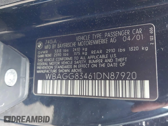 2001 BMW 7 Series 740i with VIN WBAGG83461DN87920, listed as a IAAI auction lot 41932224 with Not provided miles and . Bid and sale history available at DreamBid. Image 9.