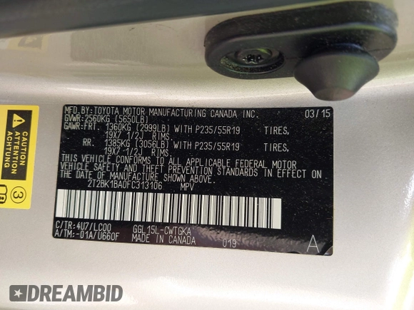 2015 Lexus RX 350 with VIN 2T2BK1BA0FC313106, listed as a IAAI auction lot 42168855 with 151,314 mi miles and . Bid and sale history available at DreamBid. Image 9.