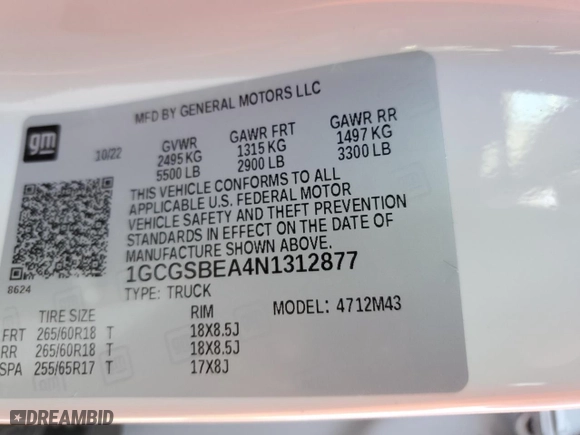 2022 Chevrolet Colorado 2WD Work Truck with VIN 1GCGSBEA4N1312877, listed as a Copart auction lot 87081854 with 0 mi miles and Salvage Title. Bid and sale history available at carsss.com. Image 13.