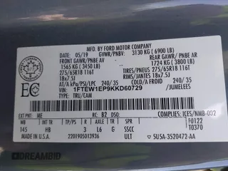 2019 Ford F-150 XL with VIN 1FTEW1EP9KKD60729, listed as a IAAI auction lot 41401427 with 186,277 mi miles. Bid and sale history available at carsss.com. Image 9.