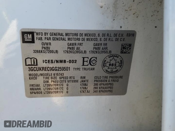 2016 Chevrolet Silverado 1500 LT with VIN 3GCUKREC9GG259501, listed as a Copart auction lot 87671785 with 159,336 mi miles and Salvage Title. Bid and sale history available at DreamBid. Image 14.