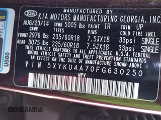 2015 Kia Sorento EX with VIN 5XYKU4A70FG630250, listed as a IAAI auction lot 41878246 with 86,078 mi miles. Bid and sale history available at carsss.com. Image 9.