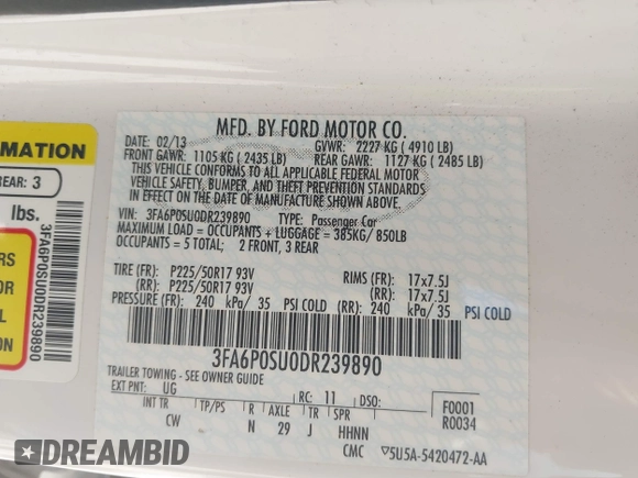 2013 Ford Fusion Titanium with VIN 3FA6P0SU0DR239890, listed as a IAAI auction lot 42745530 with 129,458 mi miles and . Bid and sale history available at DreamBid. Image 9.