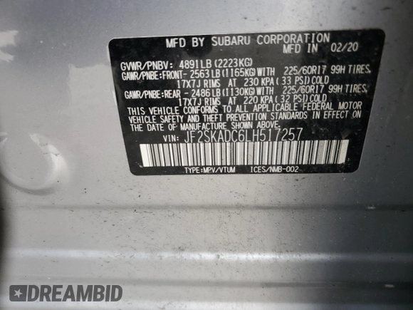 2020 Subaru Forester with VIN JF2SKADC6LH517257, listed as a Copart auction lot 56101505 with 49,701 mi miles and Salvage title. Bid and sale history available at DreamBid. Image 14.
