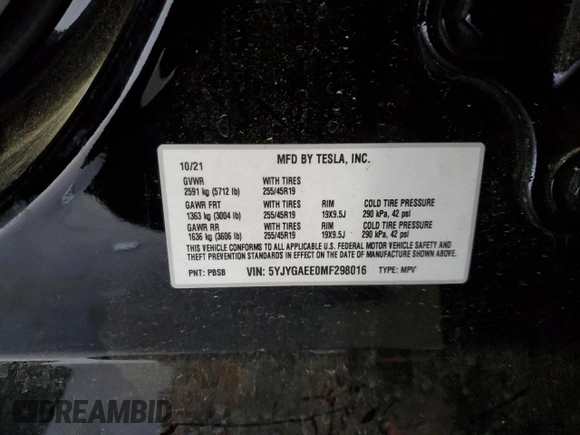 2021 Tesla Model Y Long Range z VIN 5YJYGAEE0MF298016, wystawiony jako Copart lot #55916955 z przebiegiem 59 578 mil mil oraz Szkoda całkowita • Salvage title. Historia ofert i sprzedaży dostępna na DreamBid. Obrazek 13.