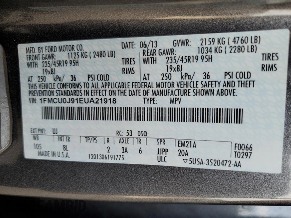 2014 Ford Escape Titanium с VIN 1FMCU0J91EUA21918, выставлен на аукционе Copart как лот 59161865 с пробегом 118 003 миль миль и Списание • Salvage title. История ставок и продаж доступна на DreamBid. Изображение 12.