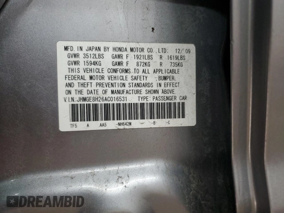 2010 Honda Fit with VIN JHMGE8H26AC016531, listed as a Copart auction lot 51598885 with 88,334 mi miles and Salvage Title. Bid and sale history available at carsss.com. Image 12.