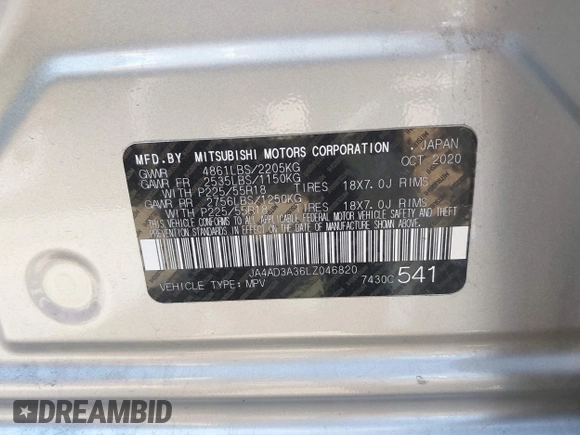 2020 Mitsubishi Outlander SE with VIN JA4AD3A36LZ046820, listed as a IAAI auction lot 42221057 with 79,758 mi miles and . Bid and sale history available at DreamBid. Image 9.