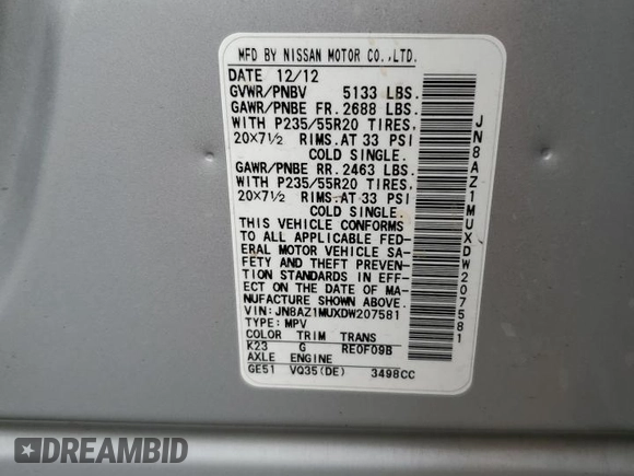 2013 Nissan Murano LE with VIN JN8AZ1MUXDW207581, listed as a Copart auction lot 71551664 with 176,905 mi miles and Salvage Title. Bid and sale history available at carsss.com. Image 14.