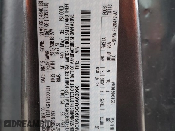2016 Ford Escape Titanium with VIN 1FMCU9J93GUA62090, listed as a Copart auction lot 47458655 with Not Provided miles and Salvage Title. Bid and sale history available at DreamBid. Image 15.