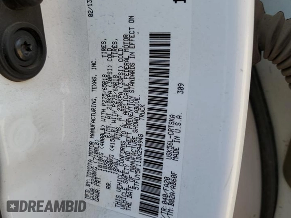 2013 Toyota Tundra 4WD Truck with VIN 5TFUY5F11DX294948, listed as a Copart auction lot 70097124 with 0 mi miles and Salvage Title. Bid and sale history available at carsss.com. Image 14.