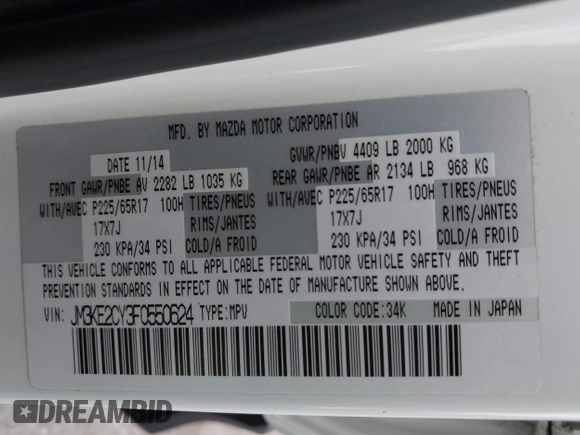 2015 Mazda CX-5 Touring with VIN JM3KE2CY3F0550624, listed as a IAAI auction lot 41931268 with 51,588 mi miles and . Bid and sale history available at carsss.com. Image 9.