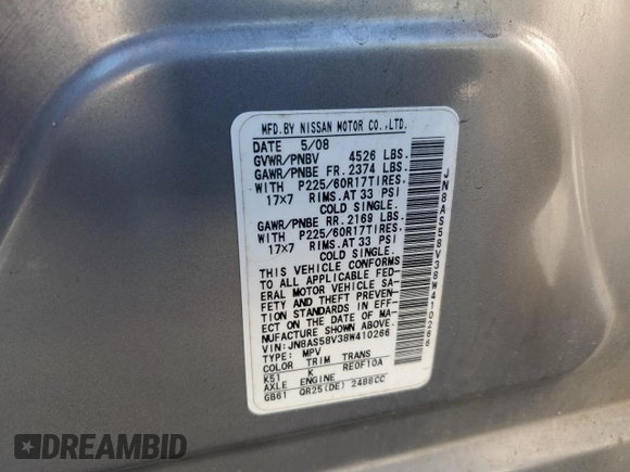 2008 Nissan Rogue S with VIN JN8AS58V38W410266, listed as a Copart auction lot 55527815 with 189,391 mi miles and Salvage Title. Bid and sale history available at DreamBid. Image 13.