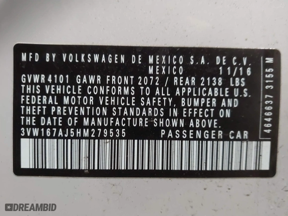 2017 Volkswagen Jetta 1.4T S with VIN 3VW167AJ5HM279535, listed as a IAAI auction lot 41664681 with 98,902 mi miles. Bid and sale history available at carsss.com. Image 9.