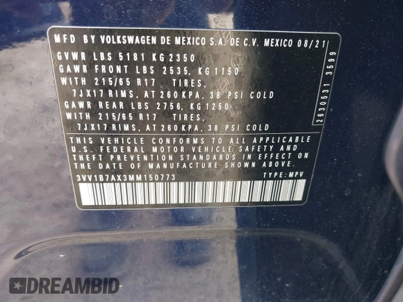 2021 Volkswagen Tiguan S с VIN 3VV1B7AX3MM150773, выставлен на аукционе IAAI как лот 42071532 с пробегом 45 284 миль миль и . История ставок и продаж доступна на DreamBid. Изображение 9.