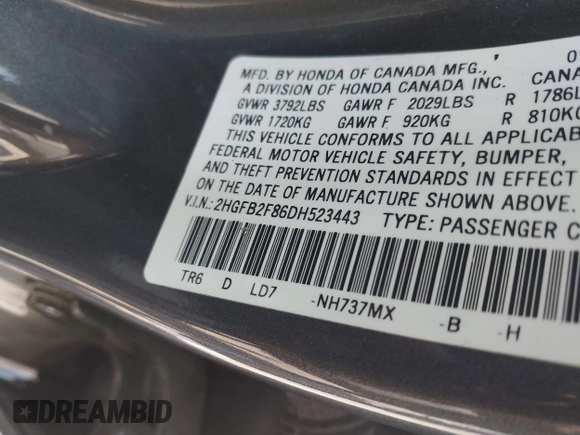 2013 Honda Civic EX with VIN 2HGFB2F86DH523443, listed as a IAAI auction lot 42199685 with 189,804 mi miles and . Bid and sale history available at DreamBid. Image 9.