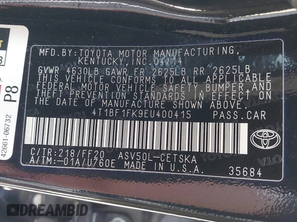 2014 Toyota Camry L with VIN 4T1BF1FK9EU400415, listed as a IAAI auction lot 42100726 with 91,278 mi miles. Bid and sale history available at carsss.com. Image 9.