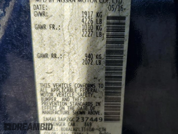 2016 Nissan Altima S with VIN 1N4AL3AP2GC237449, listed as a Copart auction lot 48778315 with 171,004 mi miles and Salvage Title. Bid and sale history available at DreamBid. Image 12.
