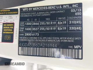 2013 Mercedes-Benz M 350 with VIN 4JGDA5JB6DA216944, listed as a IAAI auction lot 42532706 with 104,443 mi miles and . Bid and sale history available at DreamBid. Image 9.