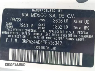 2023 Kia Rio LX with VIN 3KPA24AD4PE616342, listed as a IAAI auction lot 41848260 with 37,188 mi miles. Bid and sale history available at carsss.com. Image 9.