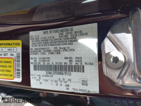 2017 Lincoln MKZ Reserve with VIN 3LN6L5E93HR619155, listed as a IAAI auction lot 42588411 with 60,140 mi miles and . Bid and sale history available at DreamBid. Image 9.