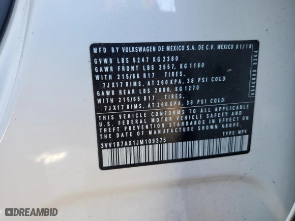 2018 Volkswagen Tiguan S with VIN 3VV1B7AX1JM109375, listed as a Copart auction lot 85322684 with 0 mi miles and Salvage Title. Bid and sale history available at carsss.com. Image 13.