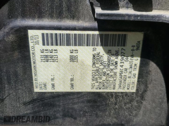 2014 Nissan Maxima S with VIN 1N4AA5AP6EC439077, listed as a Copart auction lot 55725395 with 224,913 mi miles and Non repairable. Bid and sale history available at DreamBid. Image 12.