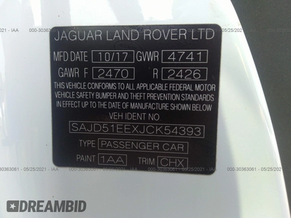 2018 Jaguar F-Type with VIN SAJD51EEXJCK54393, listed as a IAAI auction lot 41030134 with Not Provided miles and . Bid and sale history available at DreamBid. Image 9.