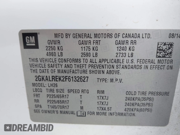 2015 GMC Terrain SLE with VIN 2GKALREK2F6132627, listed as a IAAI auction lot 42392015 with 182,209 mi miles and . Bid and sale history available at DreamBid. Image 9.