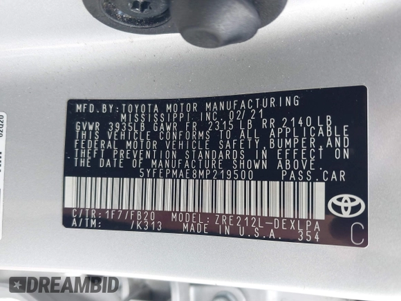 2021 Toyota Corolla LE with VIN 5YFEPMAE8MP219500, listed as a IAAI auction lot 41918596 with 105,576 mi miles and . Bid and sale history available at DreamBid. Image 9.