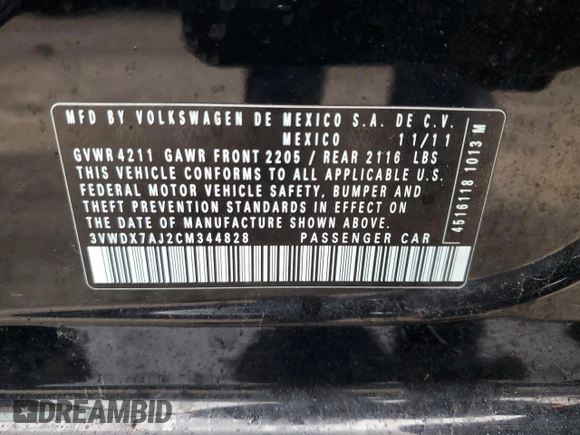 2012 Volkswagen Jetta Sedan SE w/Convenience & Sunroof with VIN 3VWDX7AJ2CM344828, listed as a Copart auction lot 49746154 with 81,927 mi miles and Salvage Title. Bid and sale history available at carsss.com. Image 12.