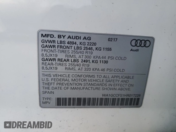 2017 Audi Q3 Prestige with VIN WA1GCCFS1HR017228, listed as a Copart auction lot 41571055 with 63,301 mi miles and Salvage Title. Bid and sale history available at carsss.com. Image 14.