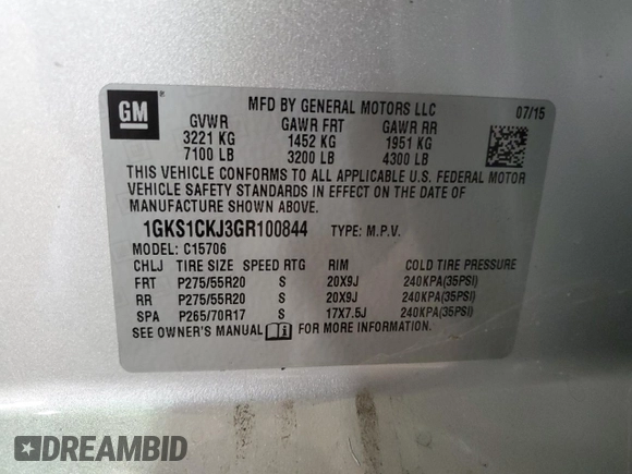 2016 GMC Yukon Denali with VIN 1GKS1CKJ3GR100844, listed as a Copart auction lot 69967774 with 172,545 mi miles and Salvage Title. Bid and sale history available at carsss.com. Image 13.