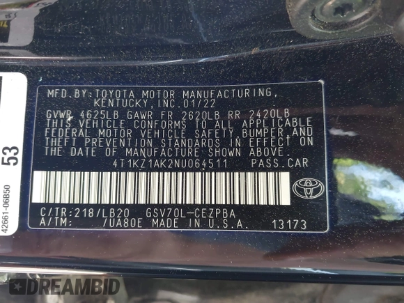 2022 Toyota Camry TRD with VIN 4T1KZ1AK2NU064511, listed as a IAAI auction lot 42176608 with 28,064 mi miles and . Bid and sale history available at DreamBid. Image 9.