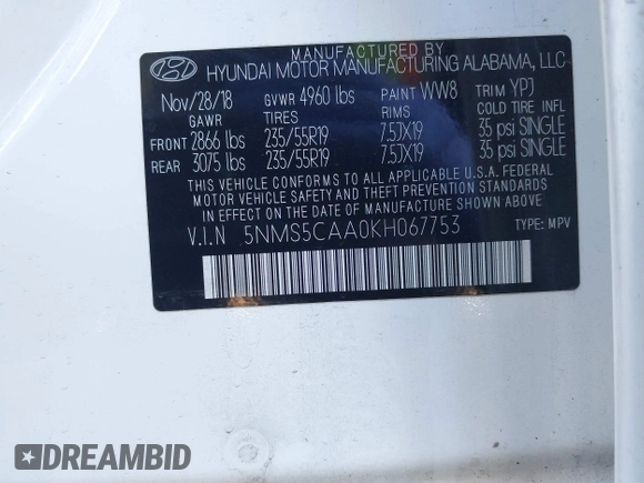 2019 Hyundai Santa Fe Ultimate with VIN 5NMS5CAA0KH067753, listed as a IAAI auction lot 41884396 with 31,343 mi miles and . Bid and sale history available at DreamBid. Image 9.