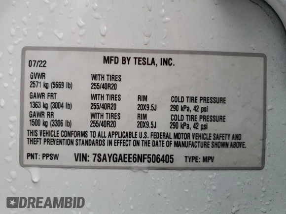 2022 Tesla Model Y Long Range with VIN 7SAYGAEE6NF506405, listed as a Copart auction lot 50392655 with 36,866 mi miles and Salvage Title. Bid and sale history available at DreamBid. Image 15.