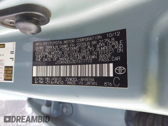 2013 Toyota Prius One z VIN JTDKN3DU3D1617773, wystawiony jako IAAI lot #41369560 z przebiegiem 91 962 mil mil oraz . Historia ofert i sprzedaży dostępna na DreamBid. Obrazek 9.