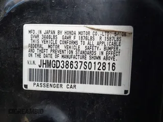 2007 Honda Fit Sport with VIN JHMGD38637S012816, listed as a IAAI auction lot 41929257 with 191,446 mi miles. Bid and sale history available at carsss.com. Image 9.