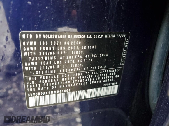 2021 Volkswagen Tiguan S с VIN 3VV0B7AX2MM041801, выставлен на аукционе Copart как лот 52803385 с пробегом 85 558 миль миль и Списание • Salvage title. История ставок и продаж доступна на DreamBid. Изображение 13.