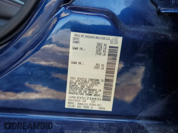 2020 Nissan Altima 2.5 SR with VIN 1N4BL4CV7LC234935, listed as a Copart auction lot 46163235 with 110,363 mi miles and Salvage Title. Bid and sale history available at carsss.com. Image 12.