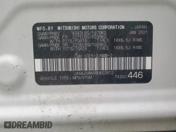2021 Mitsubishi Outlander Sport SE with VIN JA4AJVAW1MU602612, listed as a Copart auction lot 62534435 with 100,988 mi miles and Salvage title. Bid and sale history available at DreamBid. Image 14.