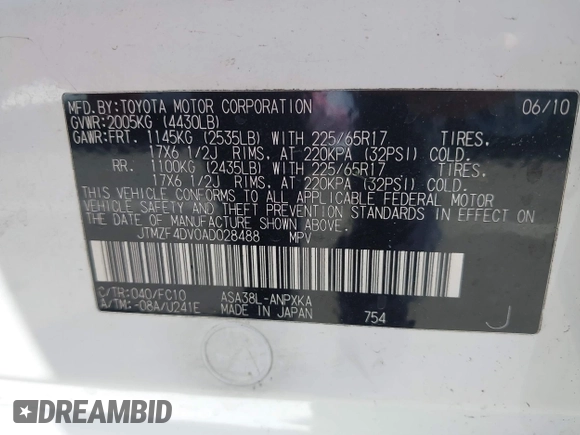 2010 Toyota RAV4 with VIN JTMZF4DV0AD028488, listed as a IAAI auction lot 41978295 with 168,446 mi miles. Bid and sale history available at carsss.com. Image 9.
