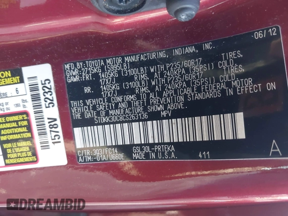 2012 Toyota Sienna LE AAS with VIN 5TDKK3DC8CS263136, listed as a IAAI auction lot 42404929 with 229,848 mi miles and . Bid and sale history available at DreamBid. Image 9.