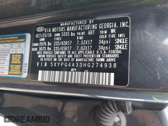 2017 Kia Sorento LX z VIN 5XYPG4A33HG274938, wystawiony jako IAAI lot #42341796 z przebiegiem 153 168 mil mil oraz . Historia ofert i sprzedaży dostępna na DreamBid. Obrazek 9.