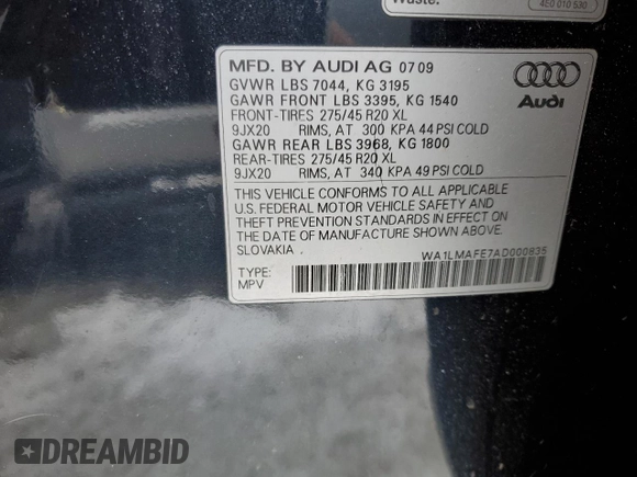 2010 Audi Q7 Premium Plus with VIN WA1LMAFE7AD000835, listed as a Copart auction lot 45984715 with 170,994 mi miles and Non repairable. Bid and sale history available at DreamBid. Image 13.