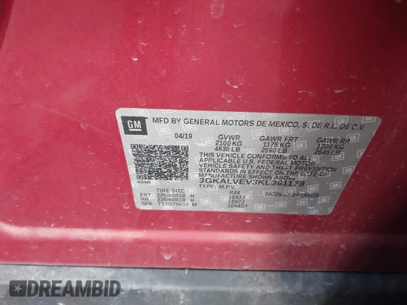 2019 GMC Terrain SLT with VIN 3GKALVEV3KL361178, listed as a IAAI auction lot 41696922 with 65,523 mi miles. Bid and sale history available at carsss.com. Image 9.