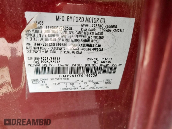 2005 Ford Five Hundred Limited с VIN 1FAFP281X5G149230, выставлен на аукционе Copart как лот 54117335 с пробегом 82 647 миль миль и Списание • Salvage title. История ставок и продаж доступна на DreamBid. Изображение 14.