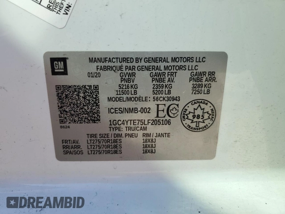 2020 Chevrolet Silverado 3500HD LT with VIN 1GC4YTE75LF205106, listed as a Copart auction lot 48695845 with 165,910 mi miles and Salvage Title. Bid and sale history available at carsss.com. Image 12.