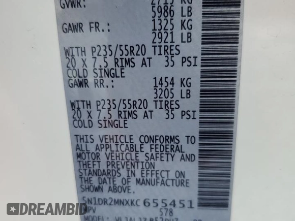 2019 Nissan Pathfinder SV with VIN 5N1DR2MNXKC655451, listed as a Copart auction lot 64904725 with 94,107 mi miles and Clean title. Bid and sale history available at DreamBid. Image 13.