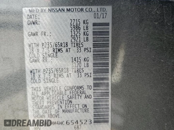 2017 Nissan Pathfinder SL with VIN 5N1DR2MM4HC654523, listed as a Copart auction lot 57589525 with 116,626 mi miles and Salvage title. Bid and sale history available at DreamBid. Image 13.